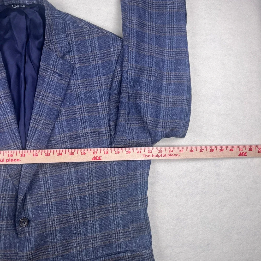 Jos A Bank Blue Glen Windowpane Plaid Silk Linen Sport Coat Tailored Fit 44R